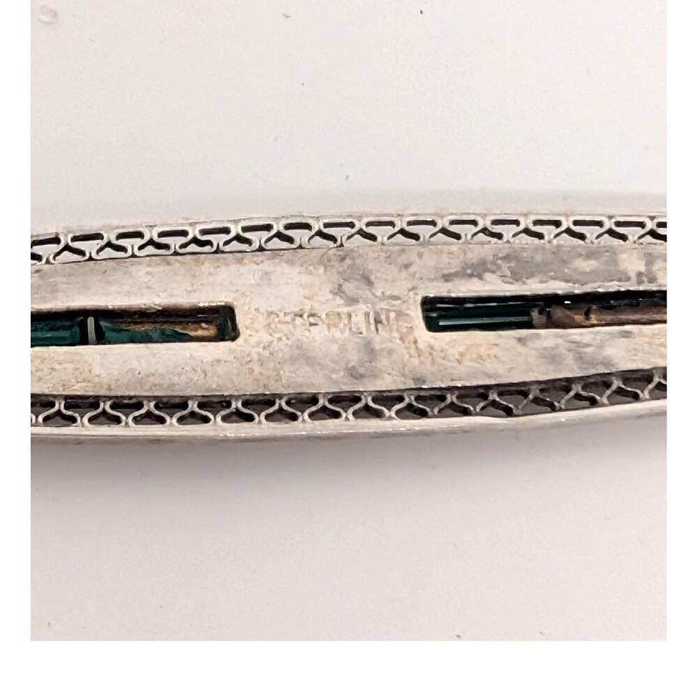 Vintage Art Deco Sterling Silver Green Baguette Rhinestone Bar Brooch - Picture 2 of 13